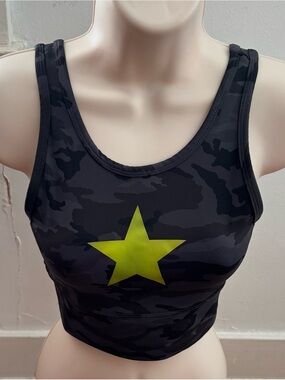 Strut dark grey Camo Sports Bra Top with Yellow Star, size XS athletic workout
